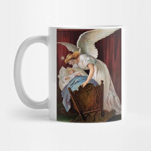 Protective guardian angel looking after a baby in a crib. Colorful vintage image. Mug